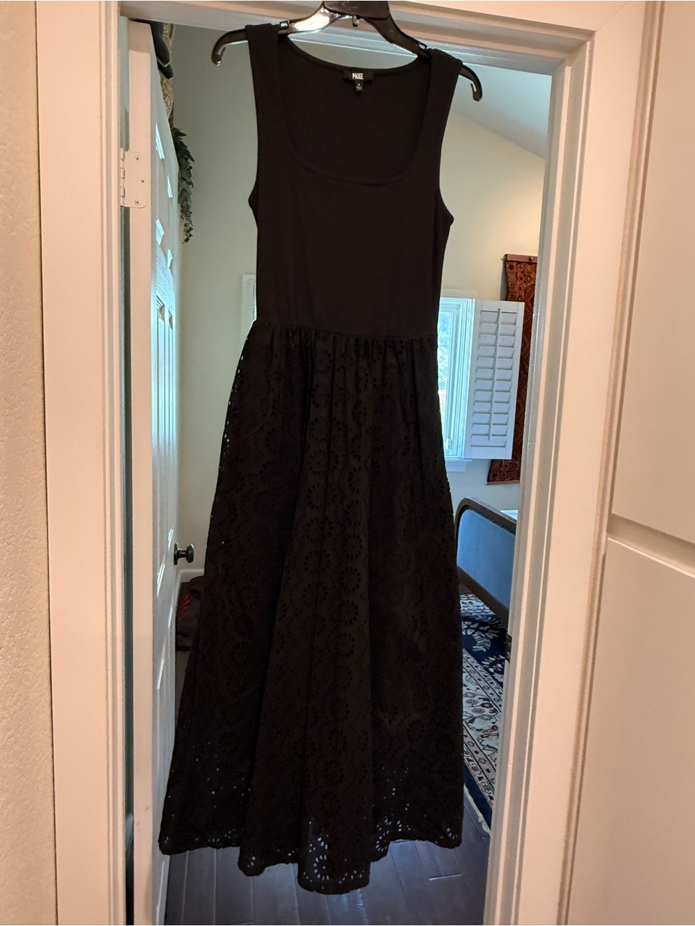 Women’s Paige Black Maxi Dress, Ribbed tank top and lined eyelet skirt, size M